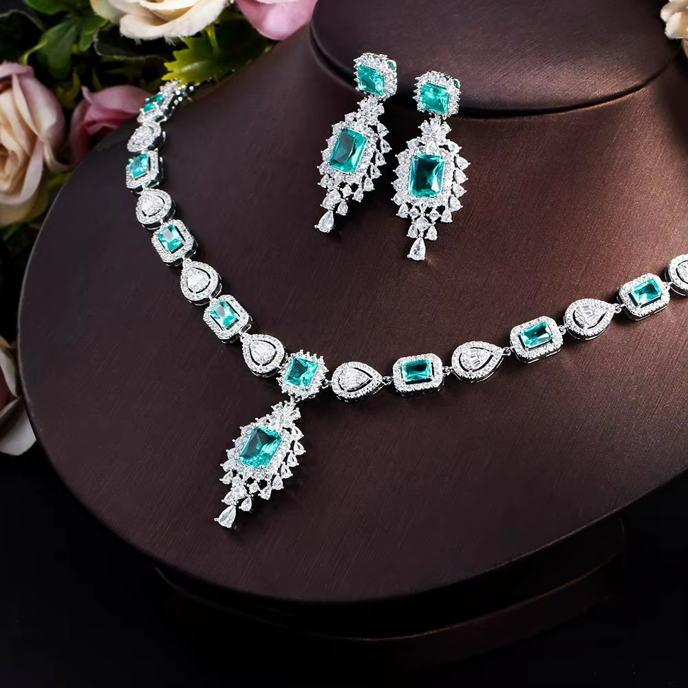 Luxurious Blue Crystal Zirconia Necklace Earrings Sets