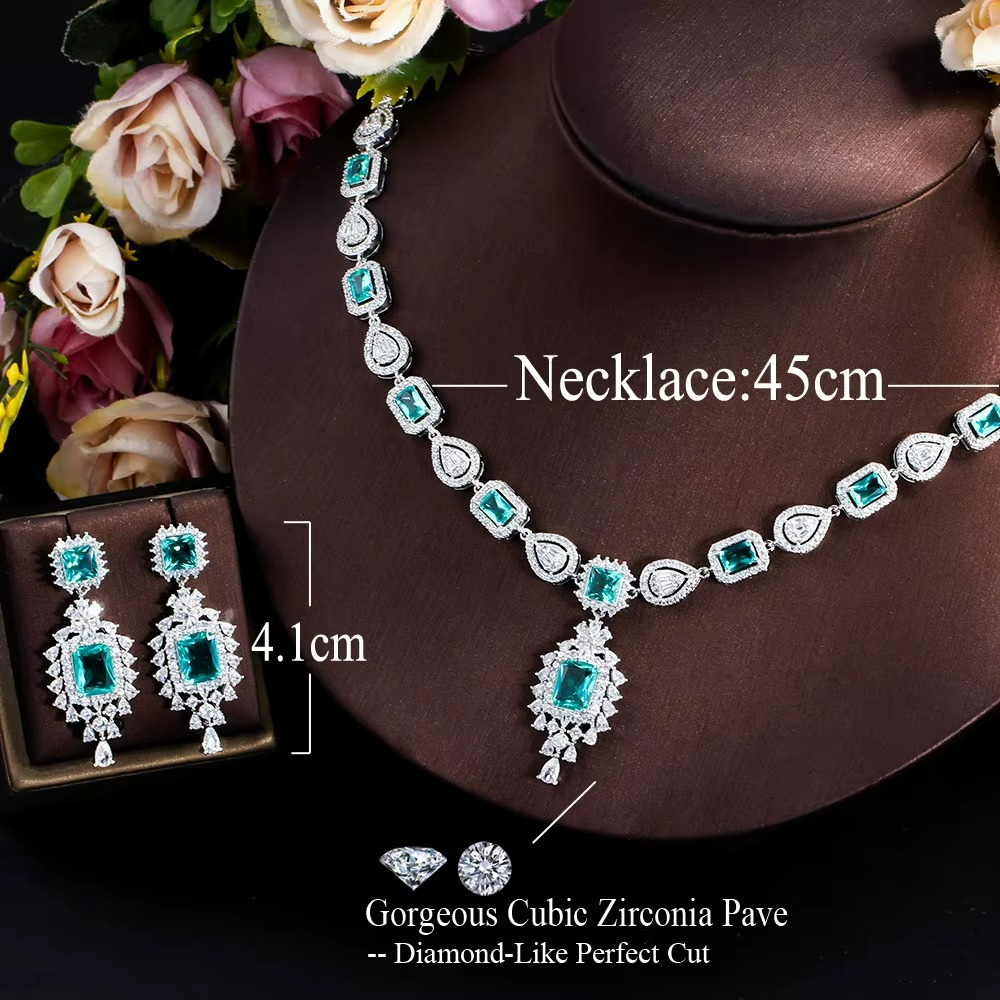 Luxurious Blue Crystal Zirconia Necklace Earrings Sets