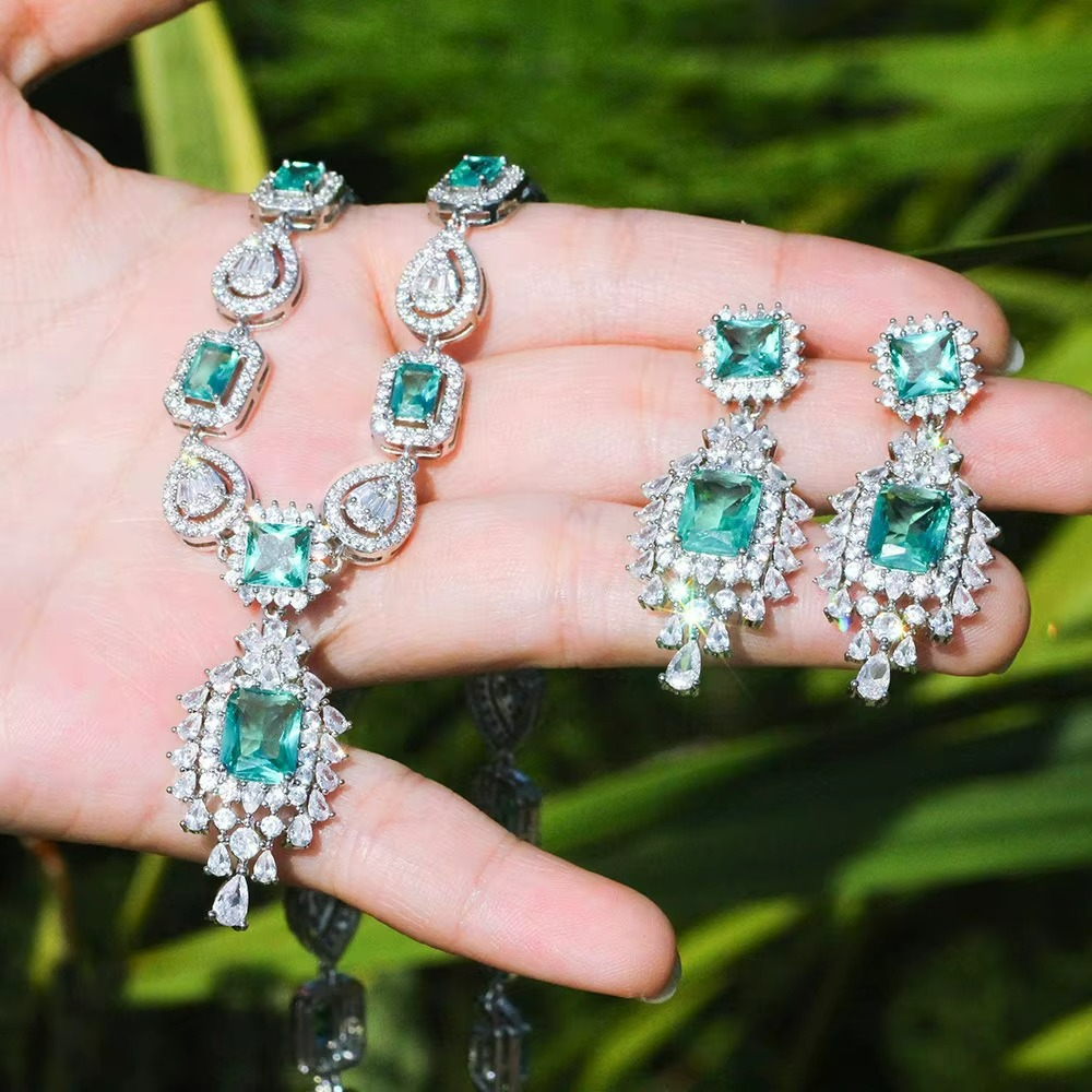 Luxurious Blue Crystal Zirconia Necklace Earrings Sets