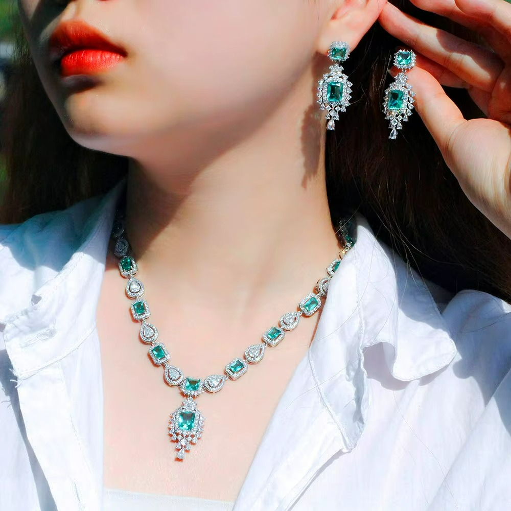 Luxurious Blue Crystal Zirconia Necklace Earrings Sets