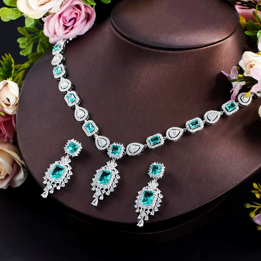 Luxurious Blue Crystal Zirconia Necklace Earrings Sets