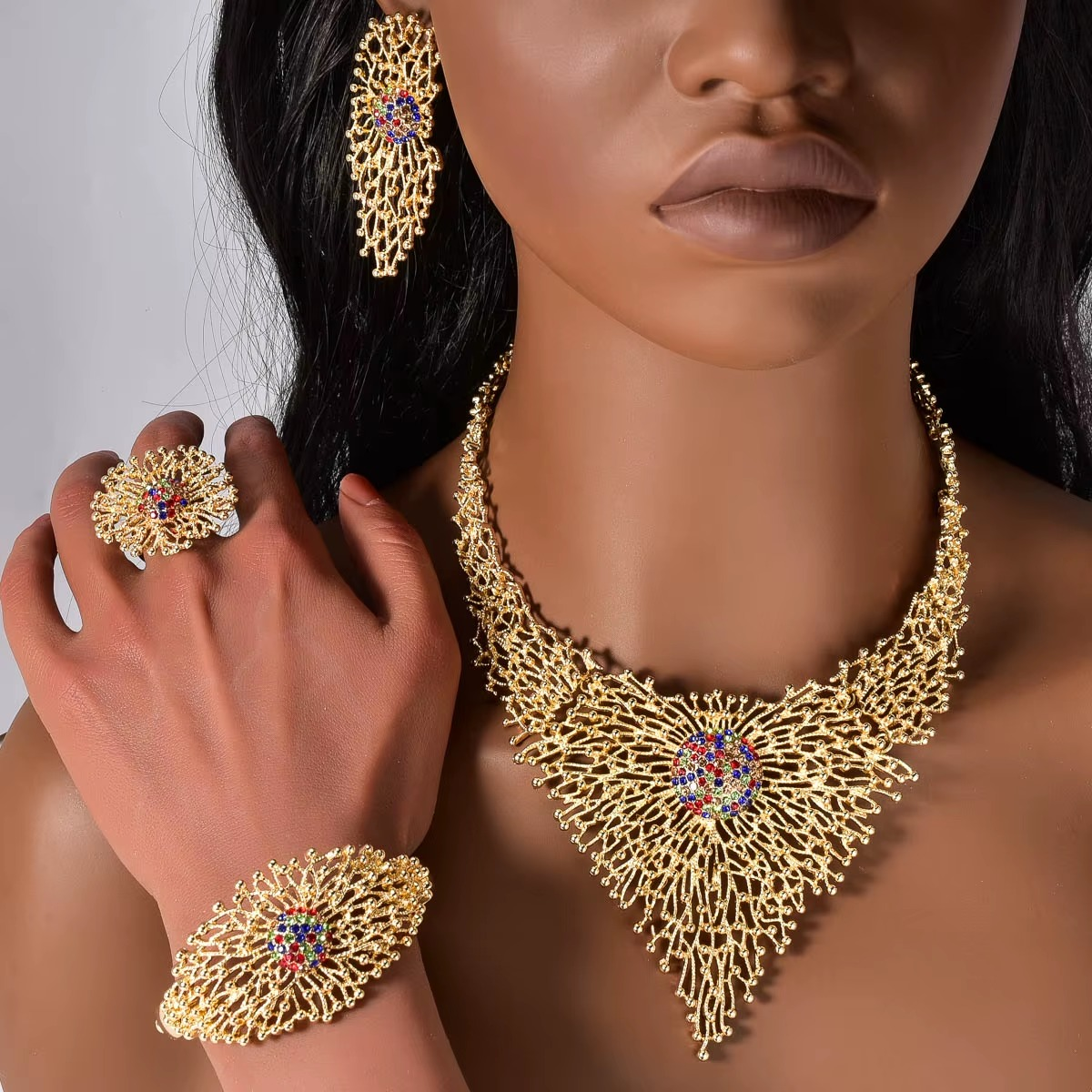 14k Gold Plated Copper Exquisite Necklace Earrings Ring Bracelet Bridal Jewelry