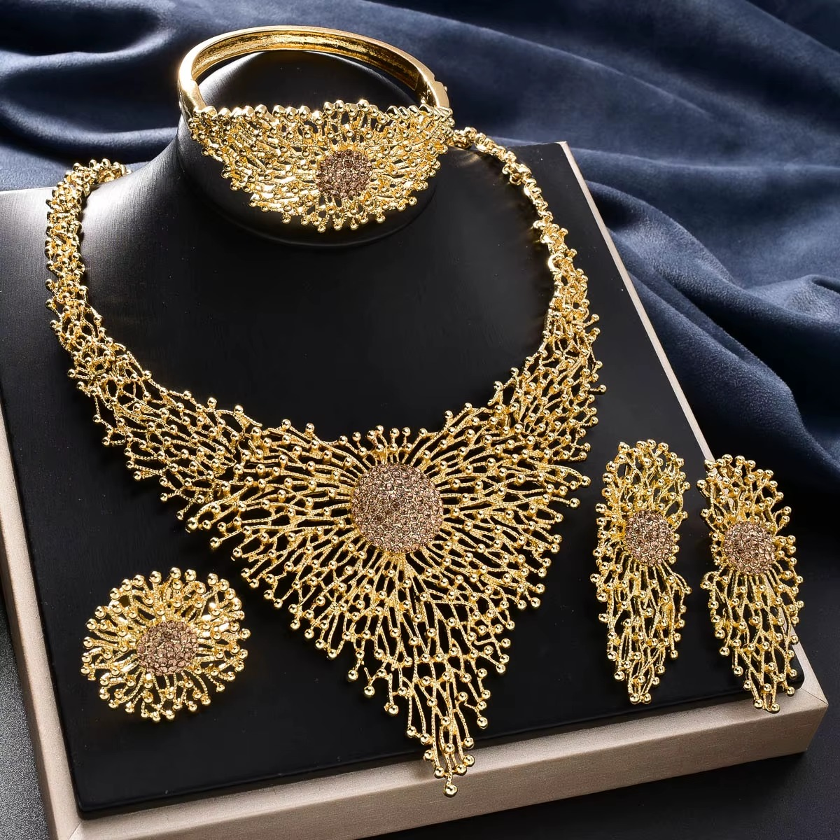 14k Gold Plated Copper Exquisite Necklace Earrings Ring Bracelet Bridal Jewelry