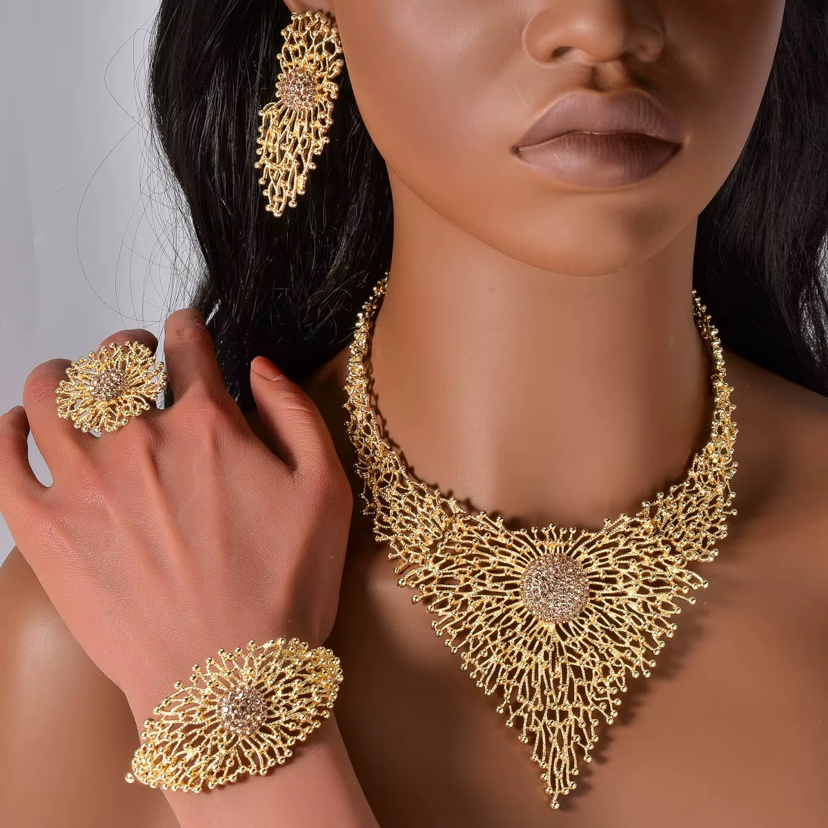 14k Gold Plated Copper Exquisite Necklace Earrings Ring Bracelet Bridal Jewelry