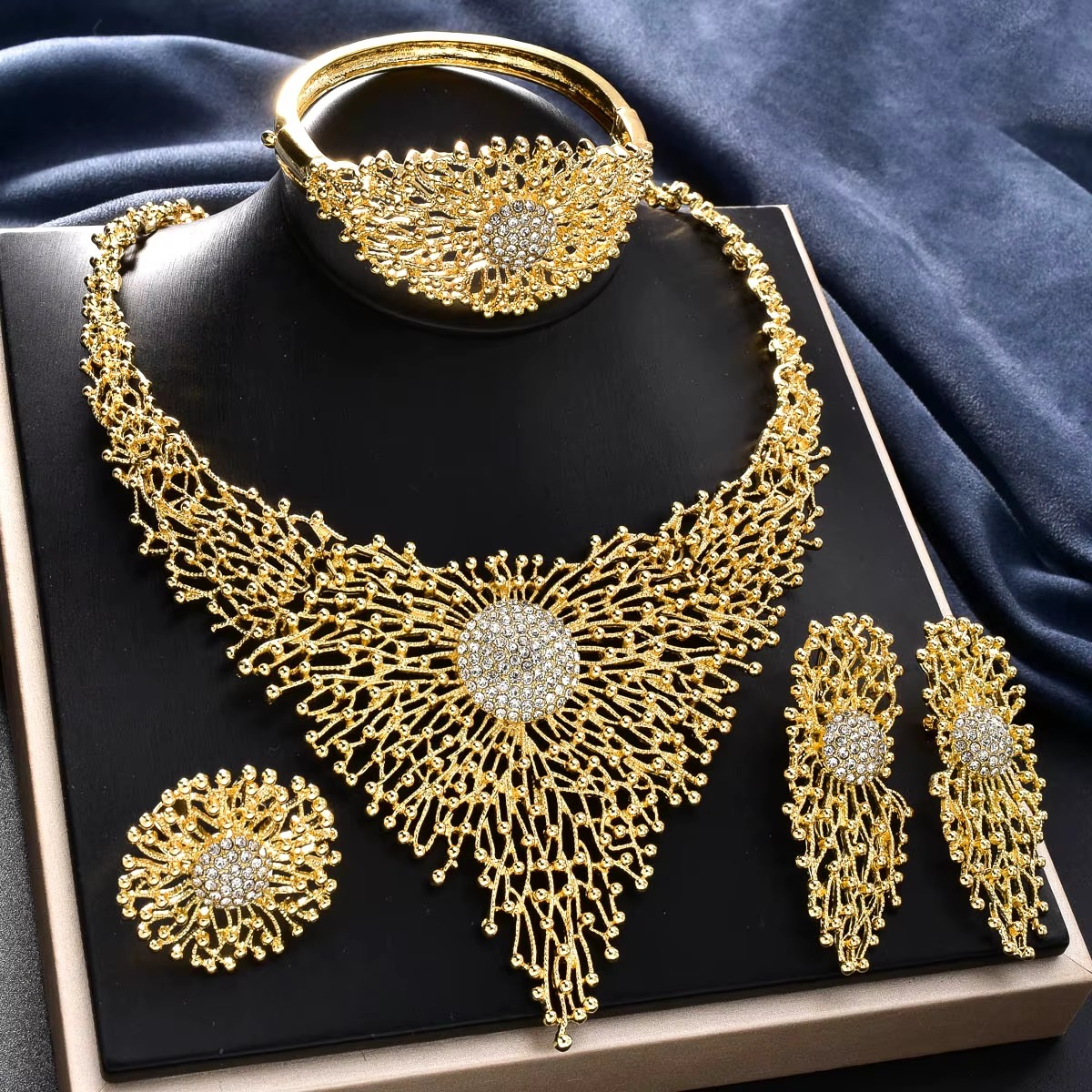 14k Gold Plated Copper Exquisite Necklace Earrings Ring Bracelet Bridal Jewelry
