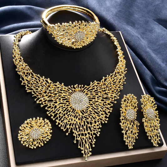 14k Gold Plated Copper Exquisite Necklace Earrings Ring Bracelet Bridal Jewelry