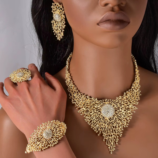 14k Gold Plated Copper Exquisite Necklace Earrings Ring Bracelet Bridal Jewelry