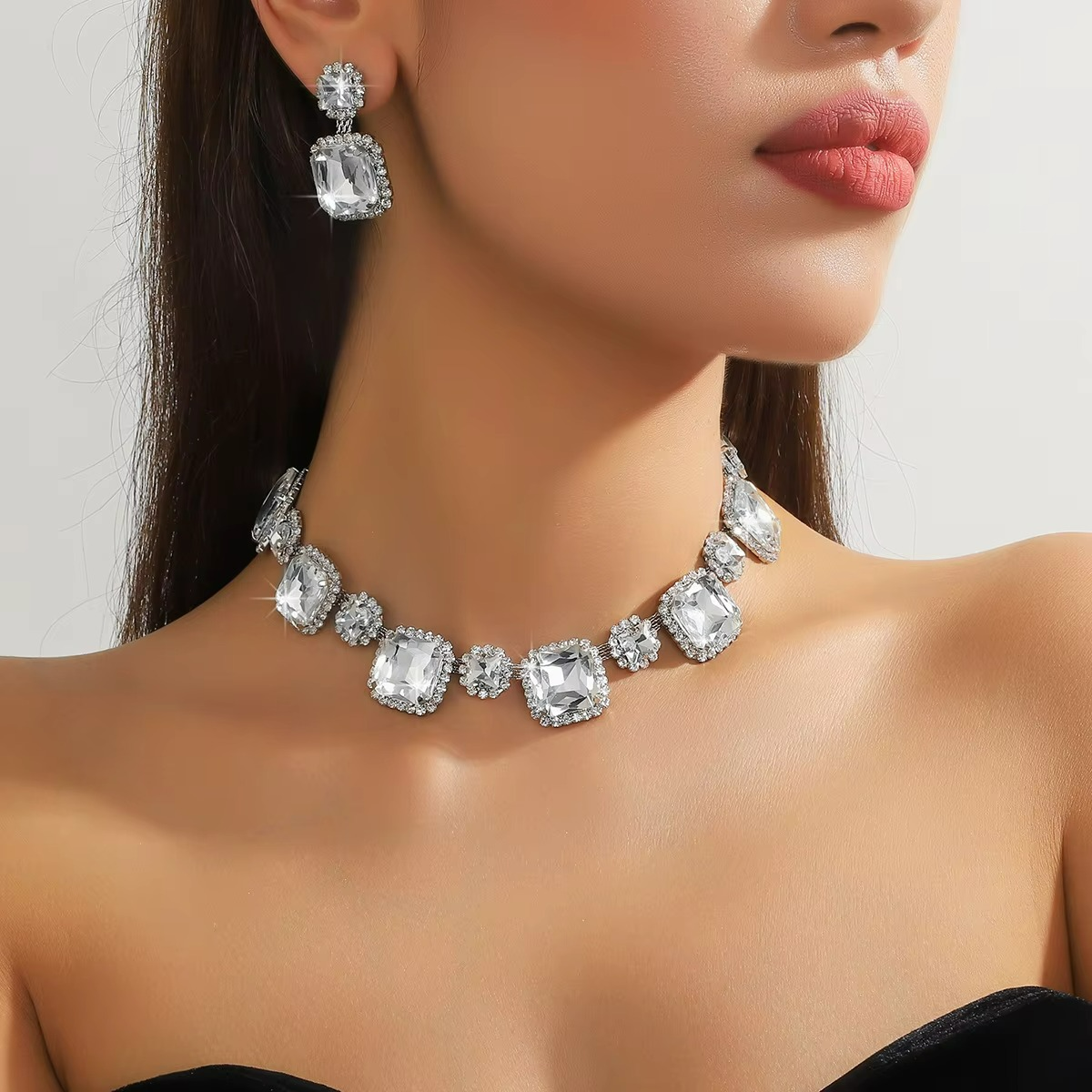 Jewelry Set Bridal Full Rhinestones Earrings Necklace Sets for Women ( Set of 3 )