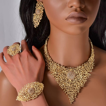 14k Gold Plated Copper Exquisite Necklace Earrings Ring Bracelet Bridal Jewelry